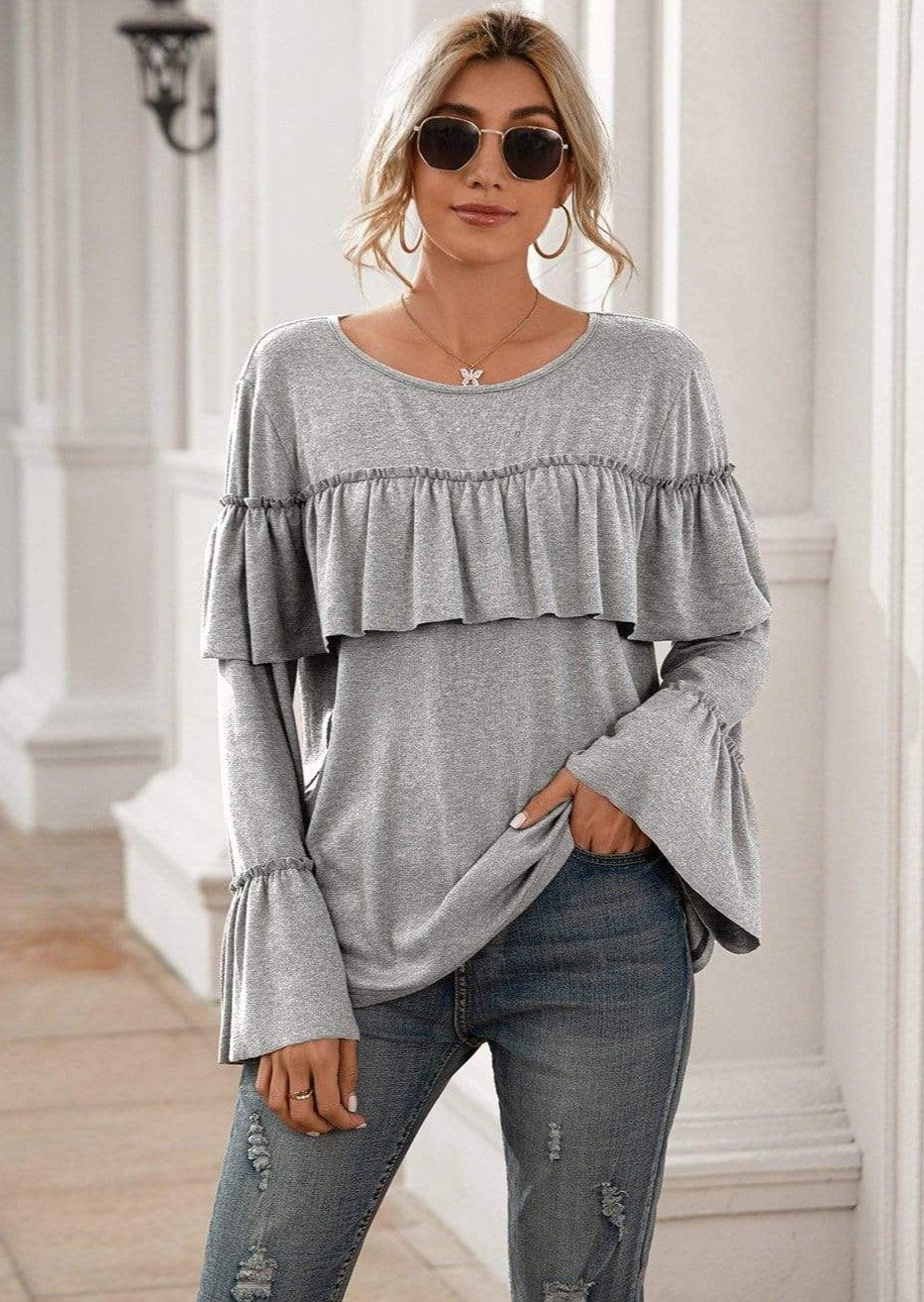 Anna-Kaci Ruffle Chest Yoke Long Bell Sleeve Top Solid Color for Women Large 8-10 / Gray