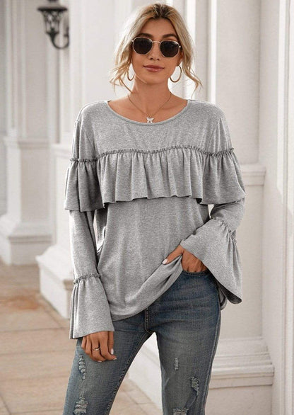 Anna-Kaci Ruffle Chest Yoke Long Bell Sleeve Top Solid Color for Women Large 8-10 / Gray