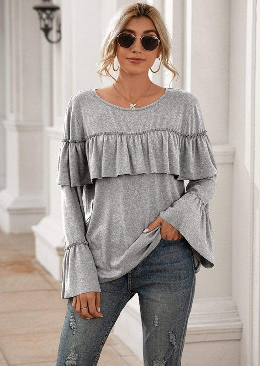 Anna-Kaci Ruffle Chest Yoke Long Bell Sleeve Top Solid Color for Women Large 8-10 / Gray