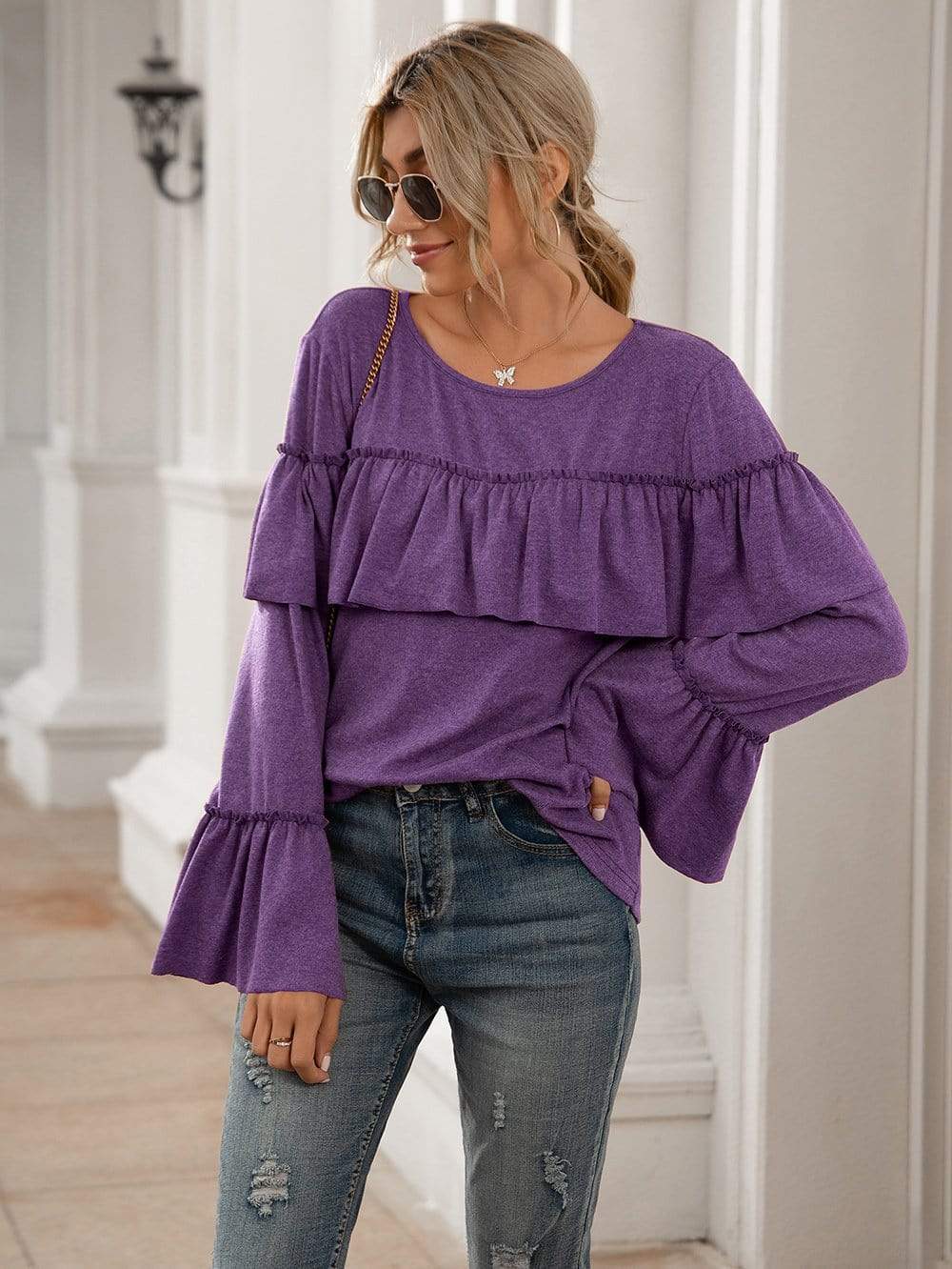 Anna-Kaci Ruffle Chest Yoke Long Bell Sleeve Top Solid Color for Women Large 8-10 / Purple