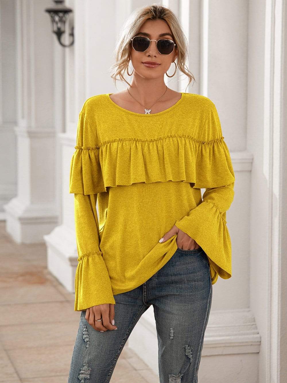 Anna-Kaci Ruffle Chest Yoke Long Bell Sleeve Top Solid Color for Women Large 8-10 / Yellow