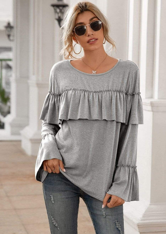 Anna-Kaci Ruffle Chest Yoke Long Bell Sleeve Top Solid Color for Women