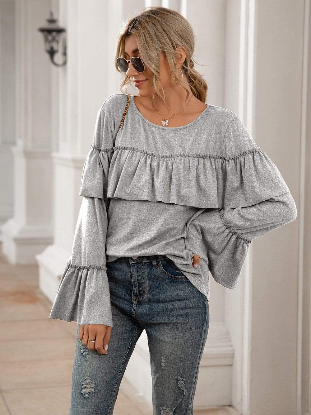 Anna-Kaci Ruffle Chest Yoke Long Bell Sleeve Top Solid Color for Women