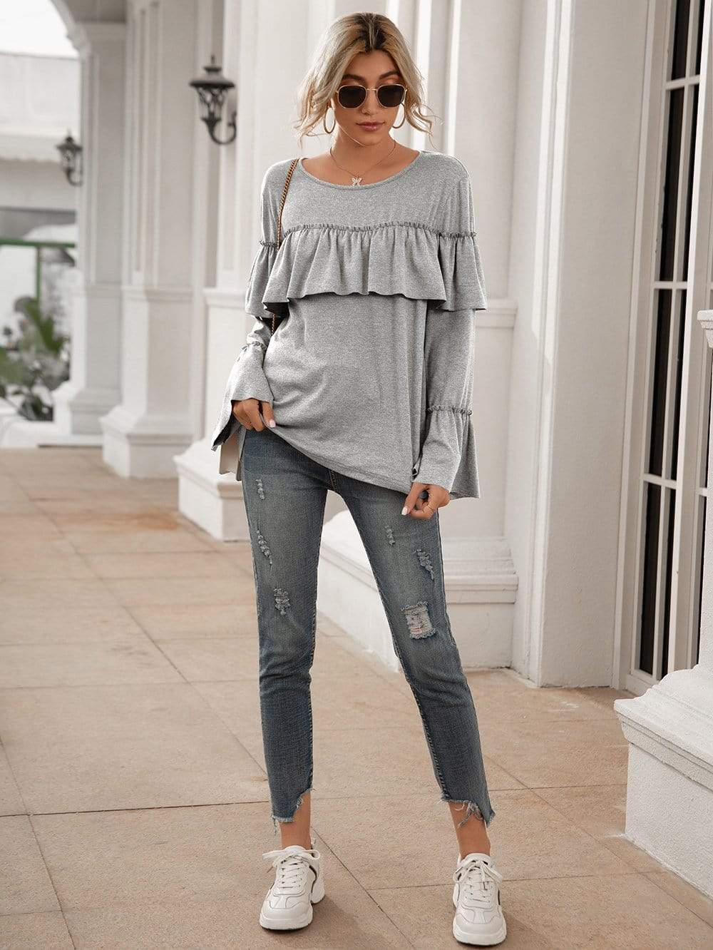 Anna-Kaci Ruffle Chest Yoke Long Bell Sleeve Top Solid Color for Women