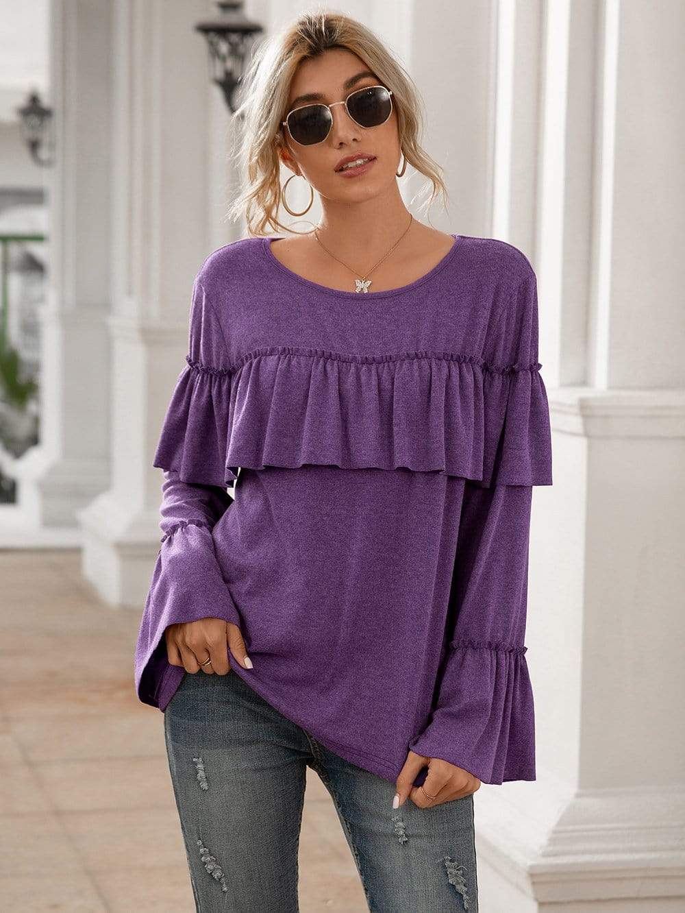 Anna-Kaci Ruffle Chest Yoke Long Bell Sleeve Top Solid Color for Women