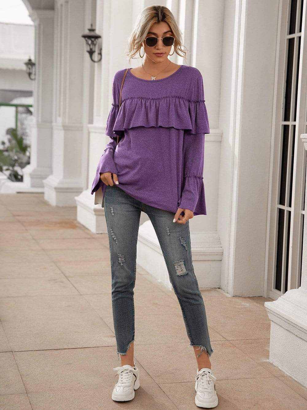 Anna-Kaci Ruffle Chest Yoke Long Bell Sleeve Top Solid Color for Women