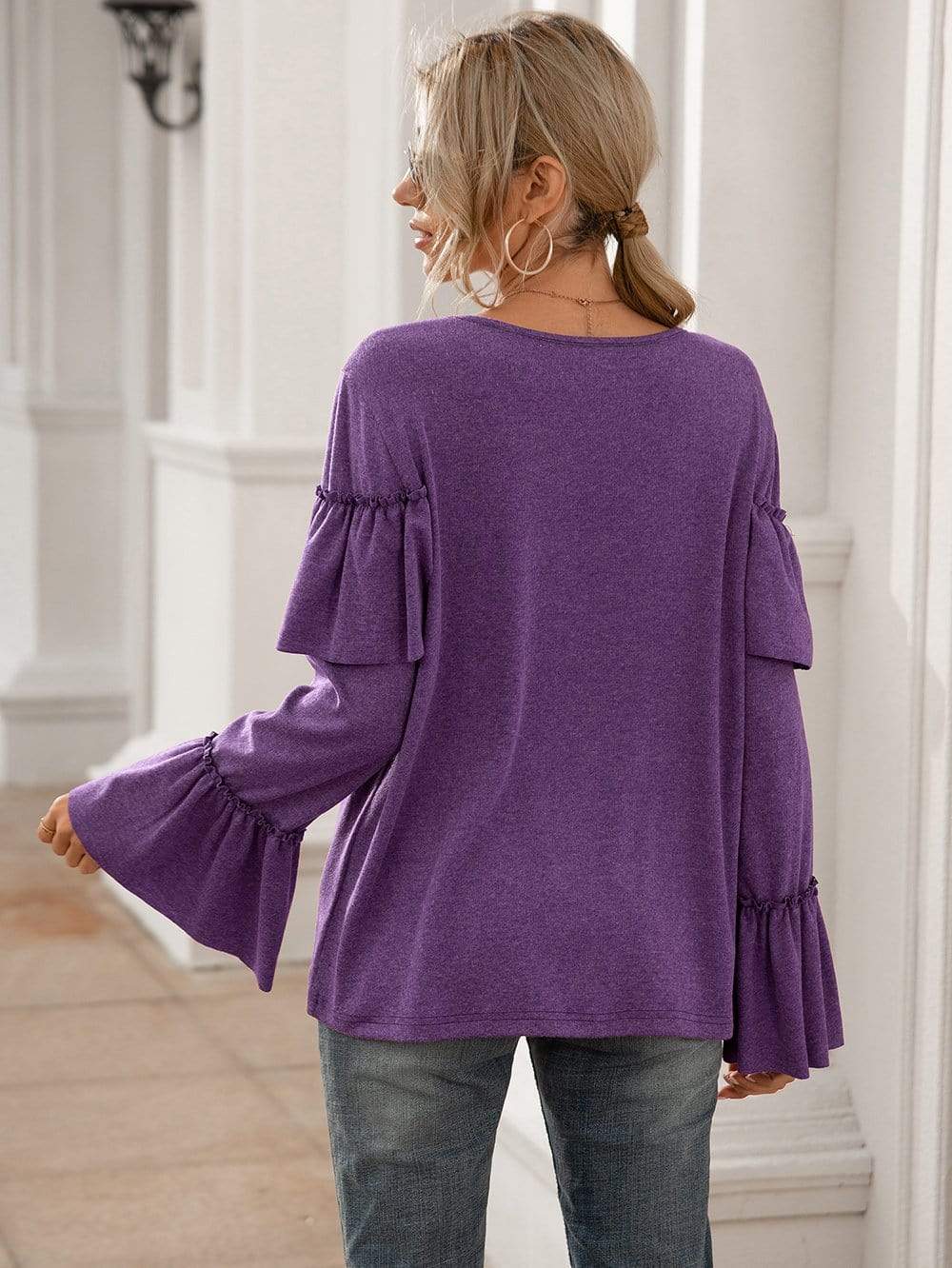 Anna-Kaci Ruffle Chest Yoke Long Bell Sleeve Top Solid Color for Women