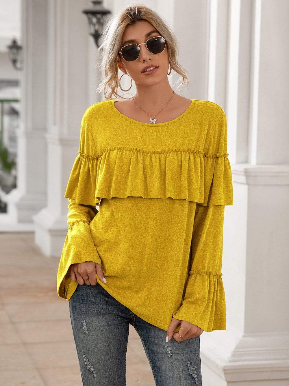 Anna-Kaci Ruffle Chest Yoke Long Bell Sleeve Top Solid Color for Women