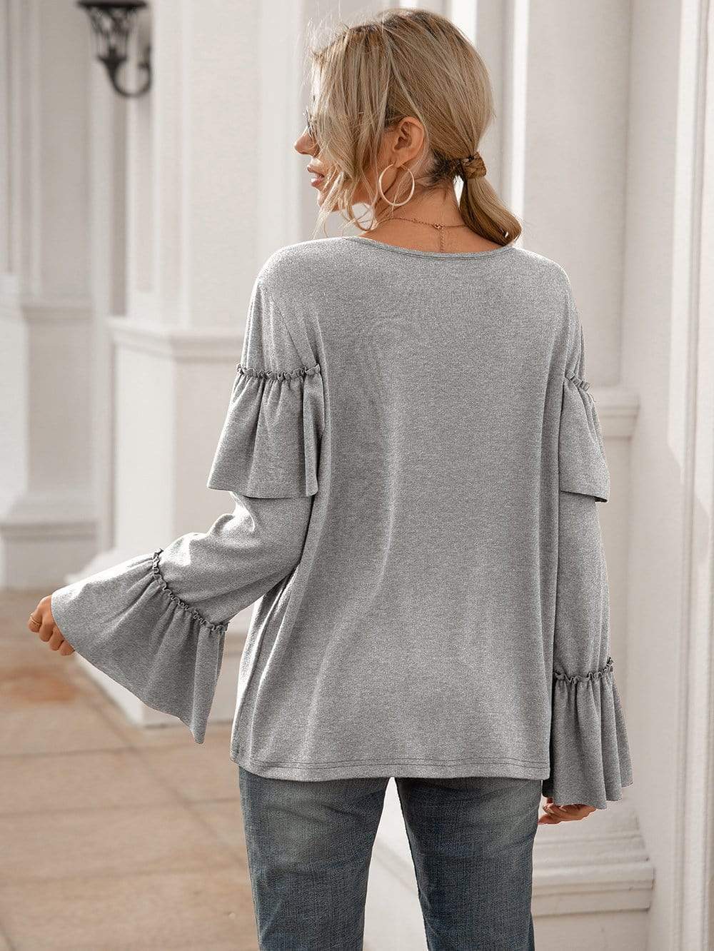 Anna-Kaci Ruffle Chest Yoke Long Bell Sleeve Top Solid Color for Women