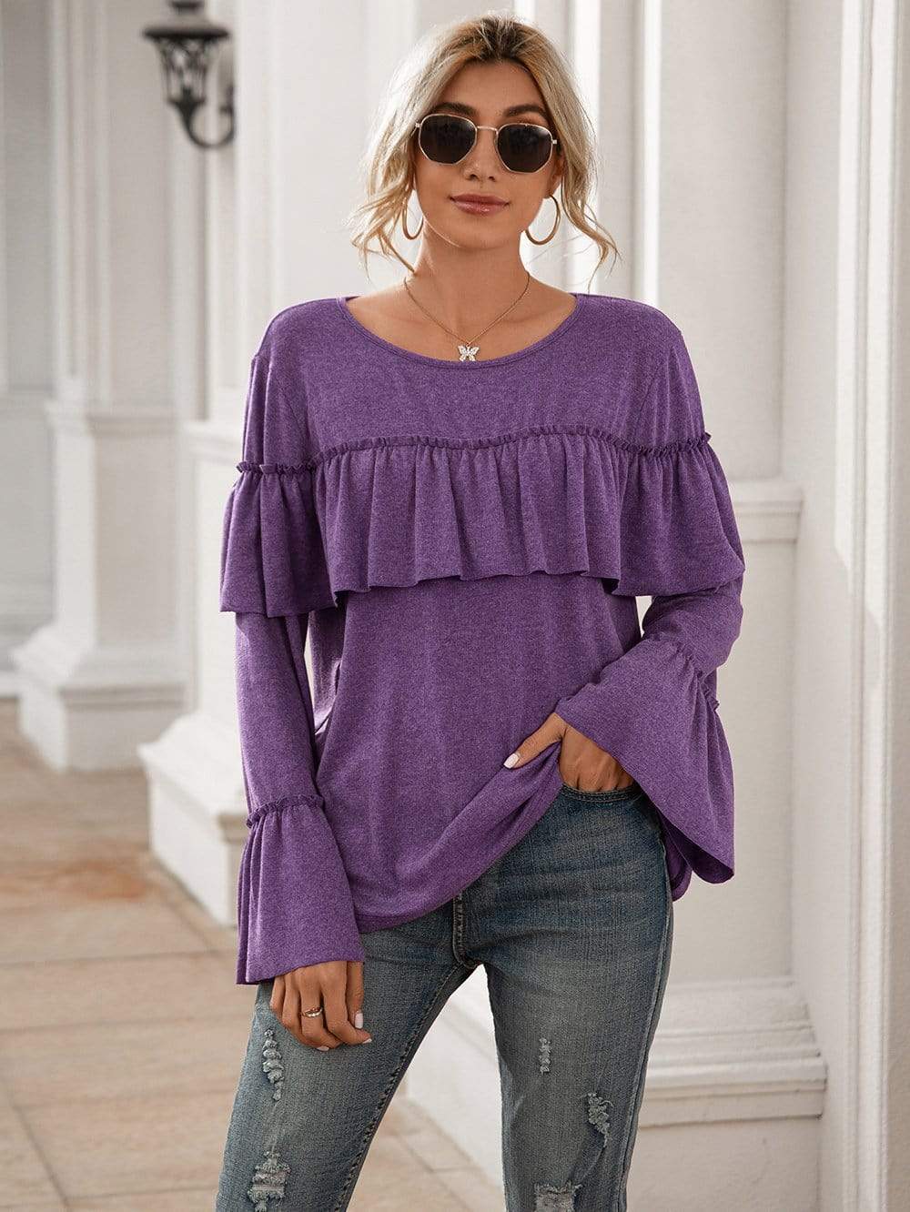 Anna-Kaci Ruffle Chest Yoke Long Bell Sleeve Top Solid Color for Women