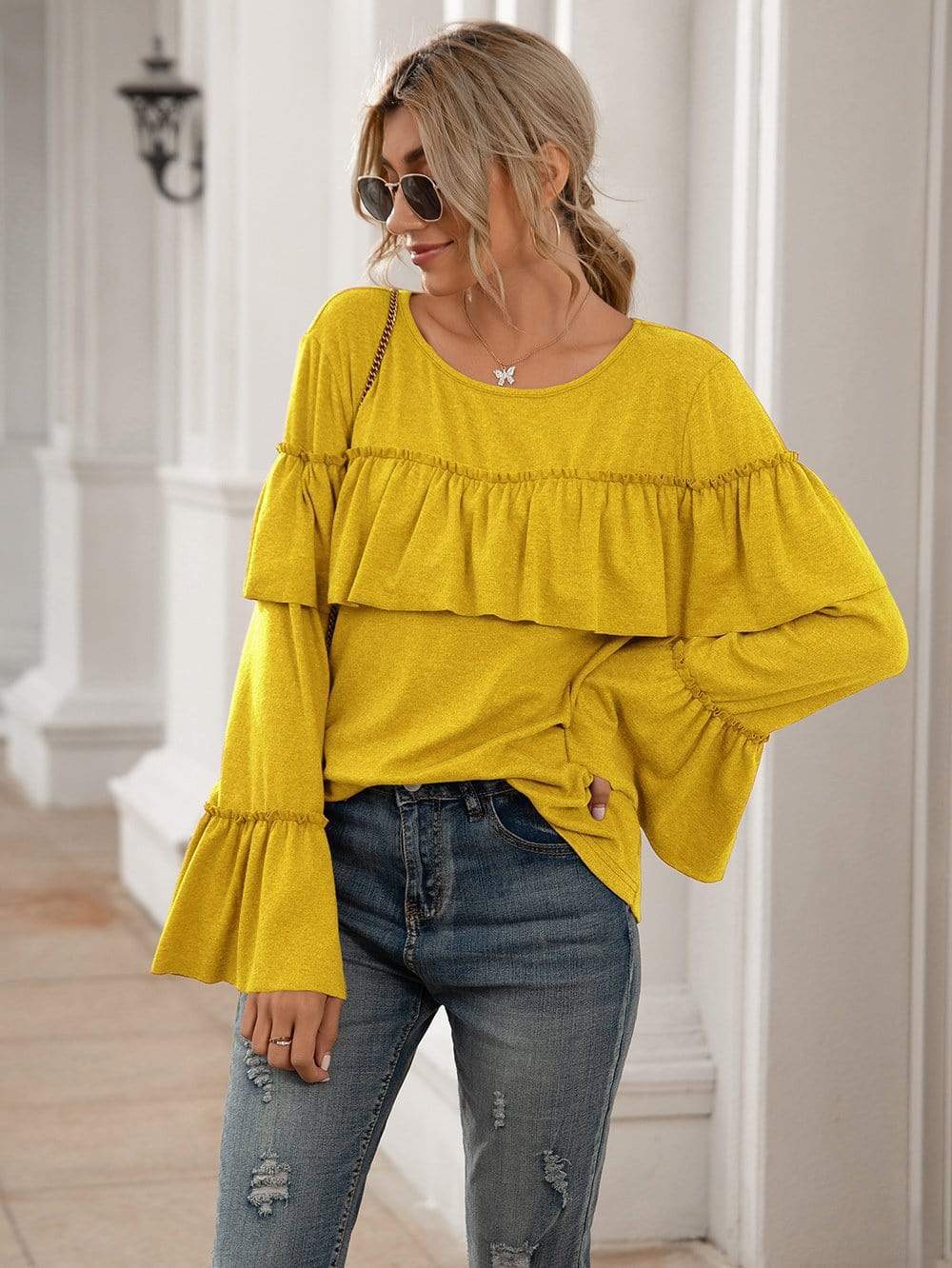 Anna-Kaci Ruffle Chest Yoke Long Bell Sleeve Top Solid Color for Women