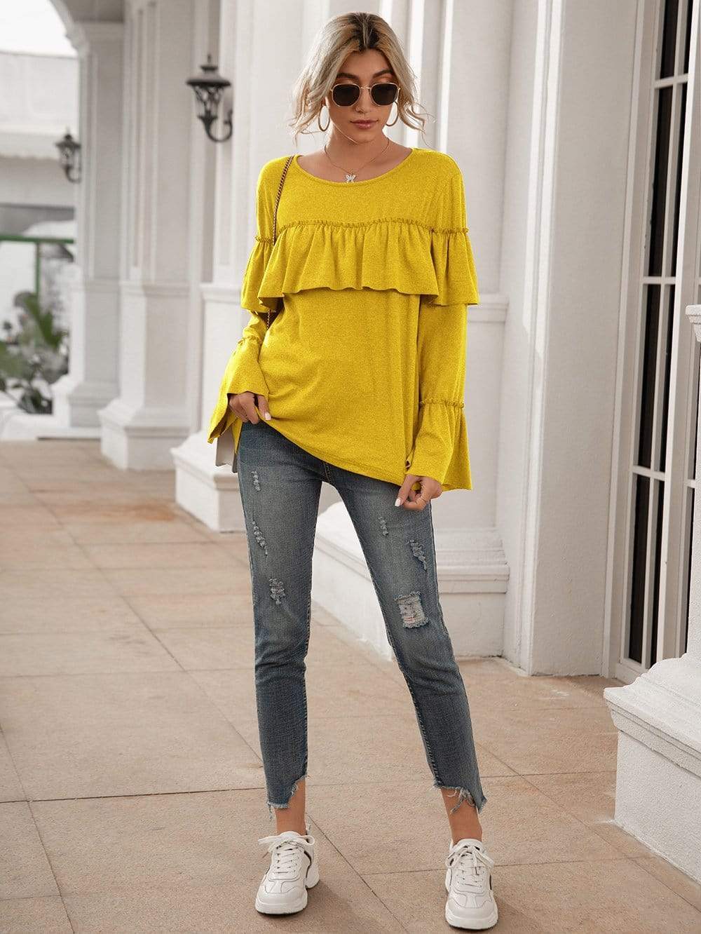 Anna-Kaci Ruffle Chest Yoke Long Bell Sleeve Top Solid Color for Women