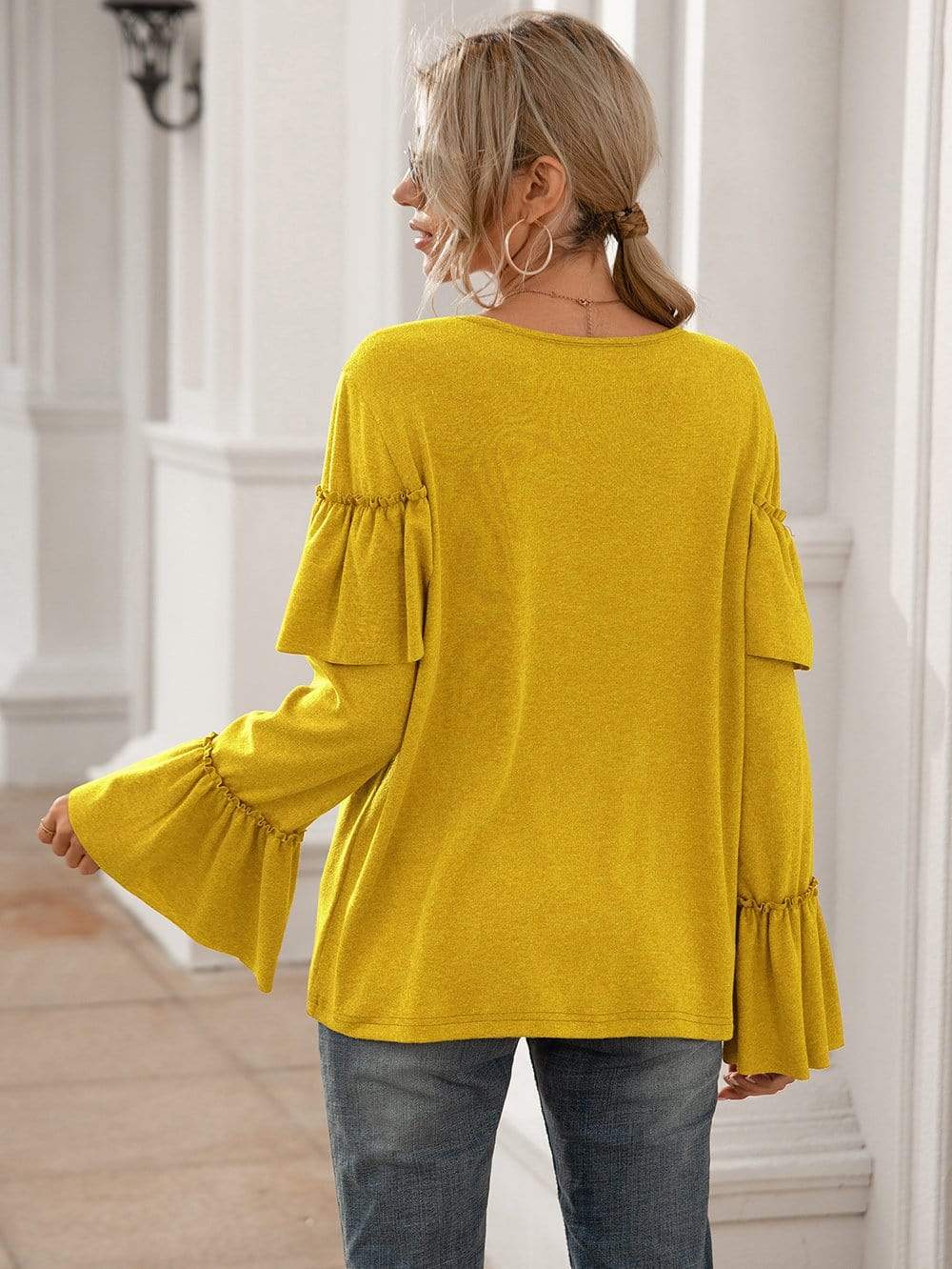 Anna-Kaci Ruffle Chest Yoke Long Bell Sleeve Top Solid Color for Women
