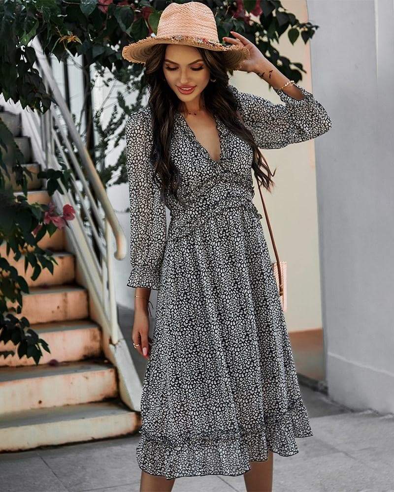 Anna-Kaci Ruffle Dot Printed Spring Maxi Long Sleeve Dress | Anna-Kaci