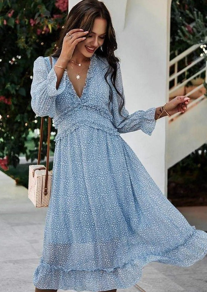 Anna-Kaci Ruffle Dot Printed Spring Maxi Long Sleeve Dress | Anna-Kaci