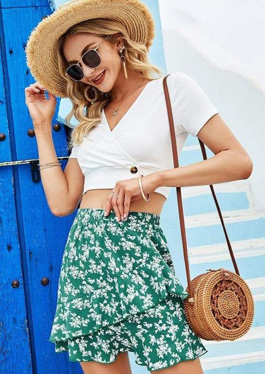 Anna-Kaci Ruffle Floral Layed Ruffle Summer Skirt with Elastic Waist for Women Small 0-4