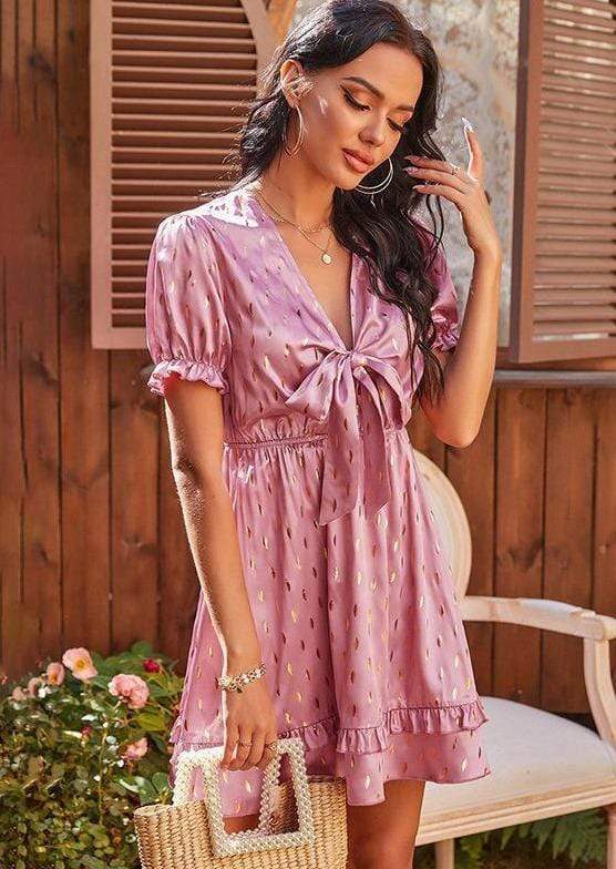 Anna-Kaci Ruffle Pink Date Night Tied Front Swing Dress for Women