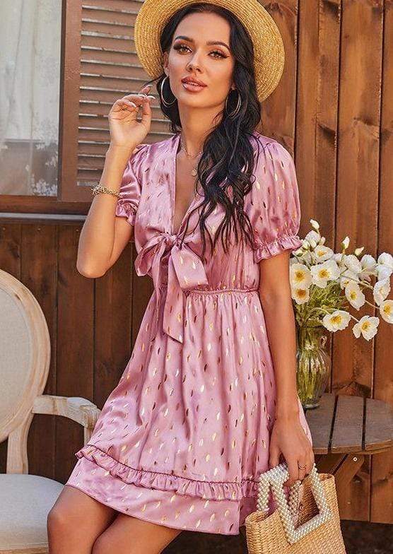 Anna-Kaci Ruffle Pink Date Night Tied Front Swing Dress for Women Large 8-10 / Pink