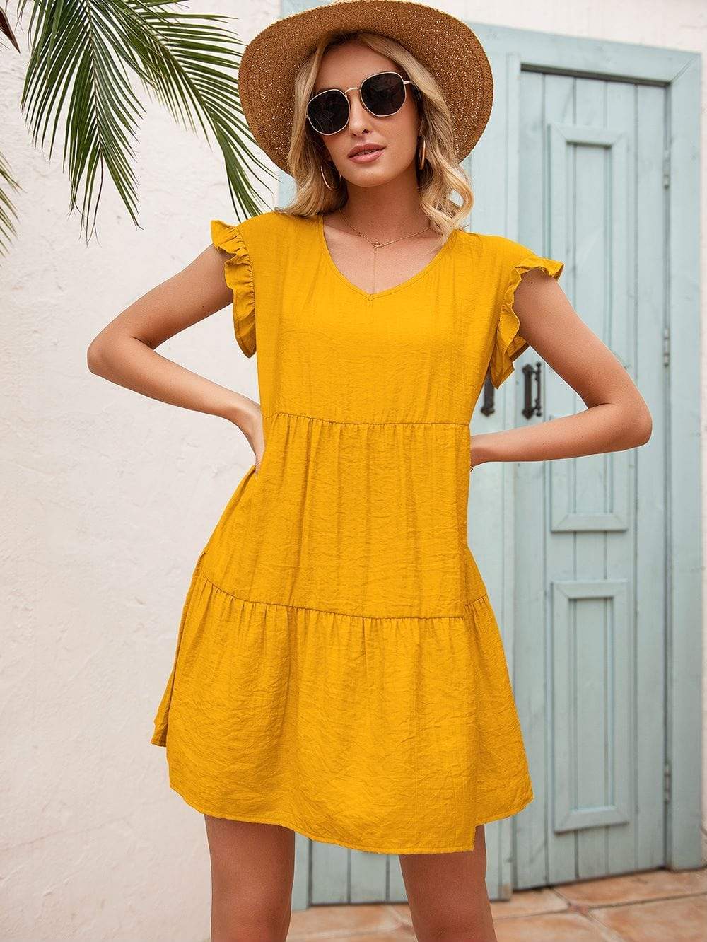 Anna-Kaci Ruffle Sleeve Tier Tunic Dress Mid Thigh Length Round Neck for Women