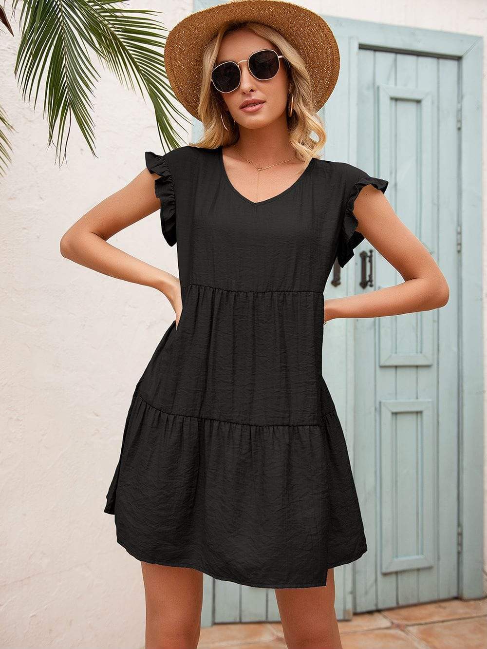 Anna-Kaci Ruffle Sleeve Tier Tunic Dress Mid Thigh Length Round Neck for Women Small 0-4 / Black