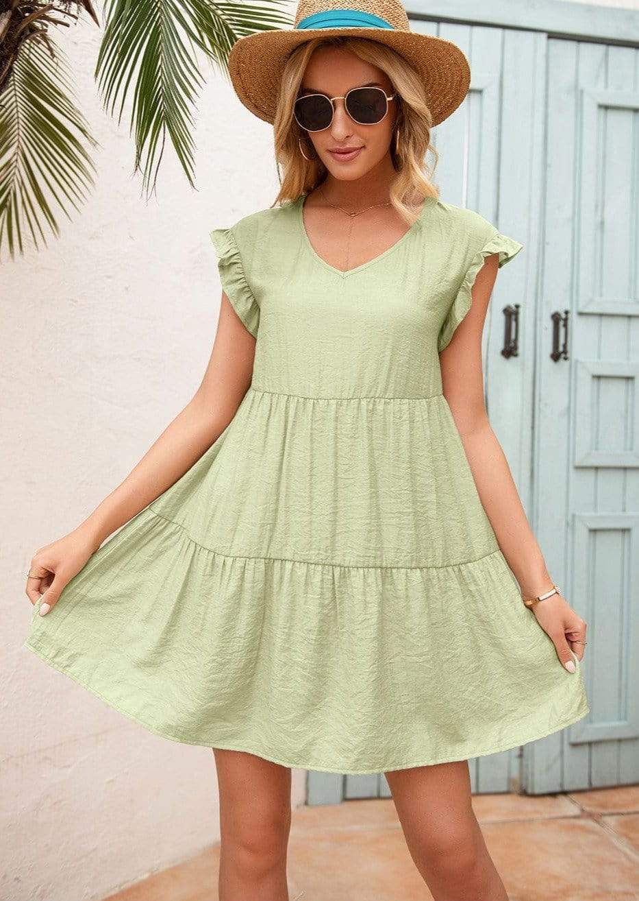 Anna-Kaci Ruffle Sleeve Tier Tunic Dress Mid Thigh Length Round Neck for Women Small 0-4 / Soft Green