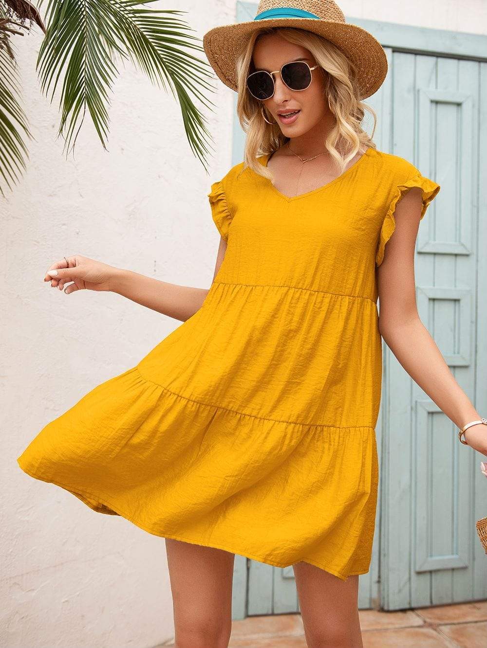 Anna-Kaci Ruffle Sleeve Tier Tunic Dress Mid Thigh Length Round Neck for Women Small 0-4 / Sunrise Yellow