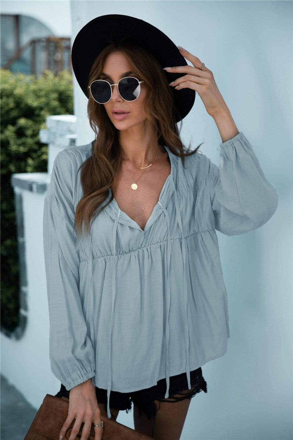 Anna-Kaci Ruffle Tied String Long Sleeve Blouse Round Neck for Women