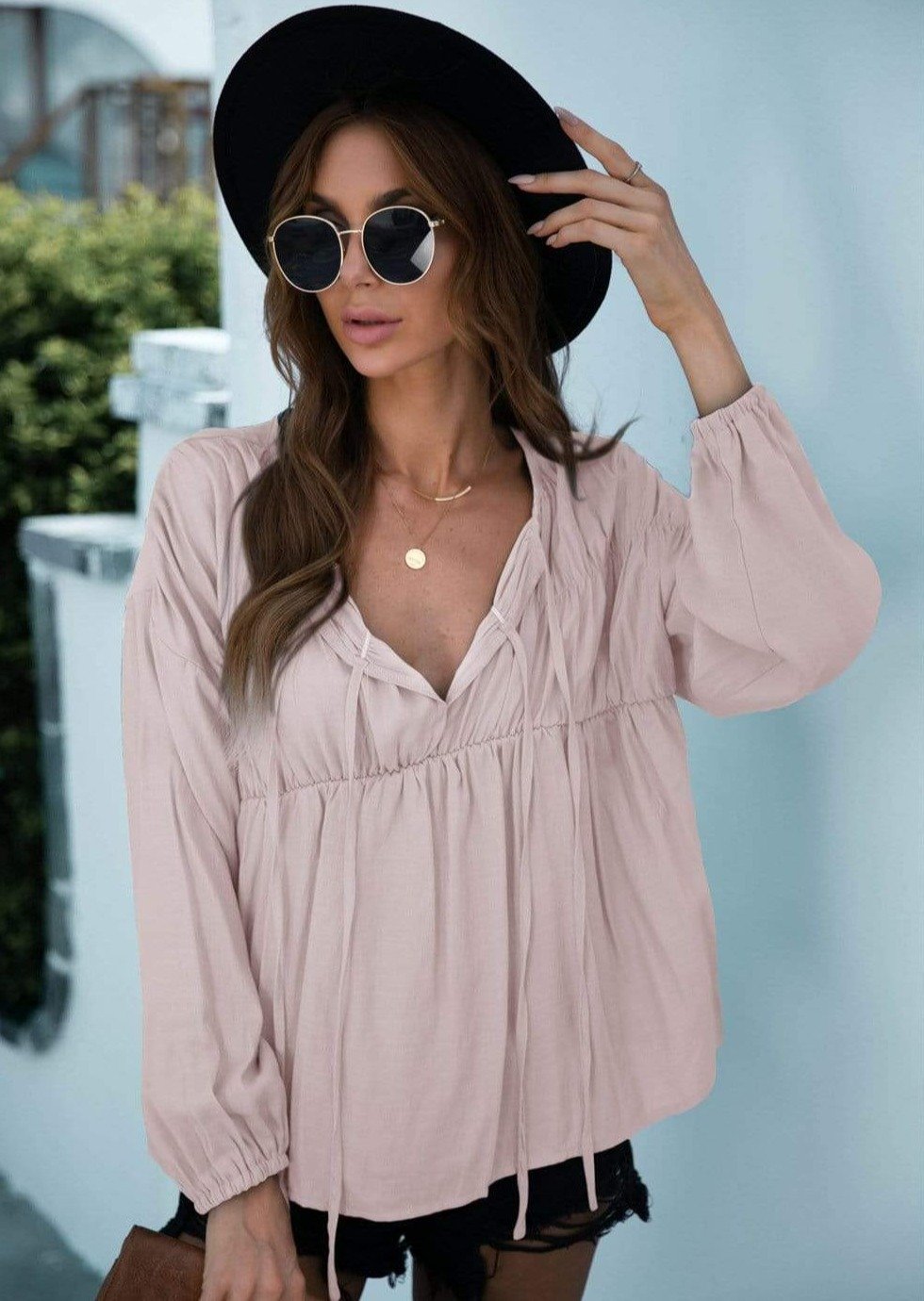 Anna-Kaci Ruffle Tied String Long Sleeve Blouse Round Neck for Women