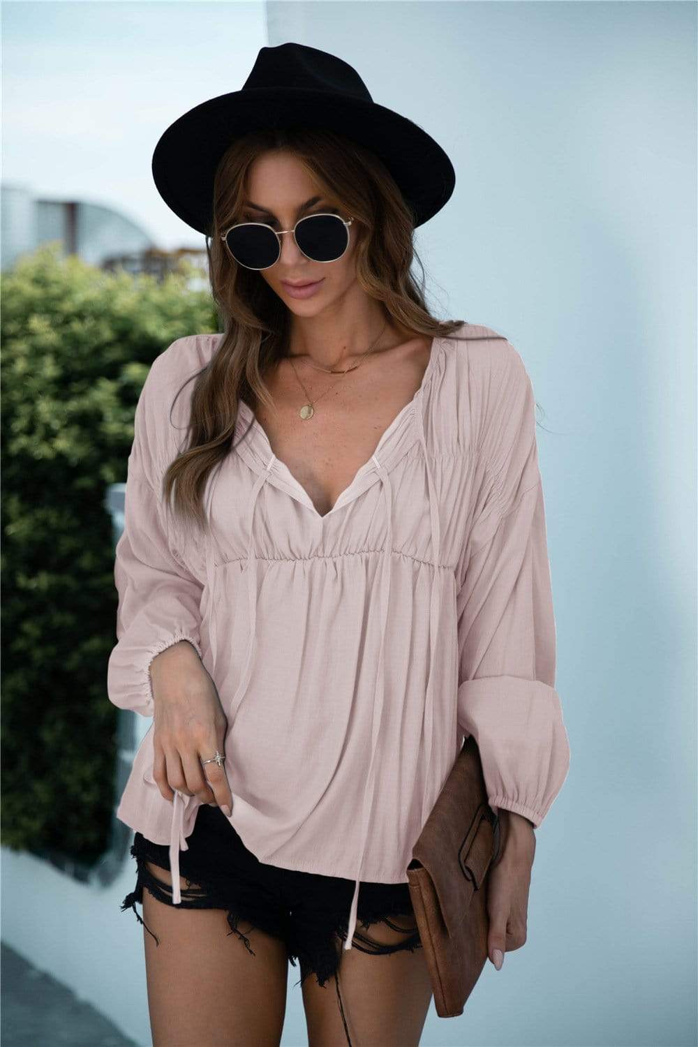 Anna-Kaci Ruffle Tied String Long Sleeve Blouse Round Neck for Women