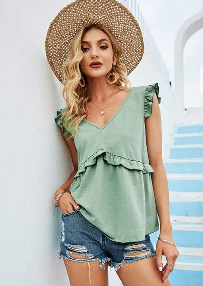 Anna-Kaci Ruffle Trim Sleeveless V Neck Front & Back Summer Blouse Top for Women Small 0-4