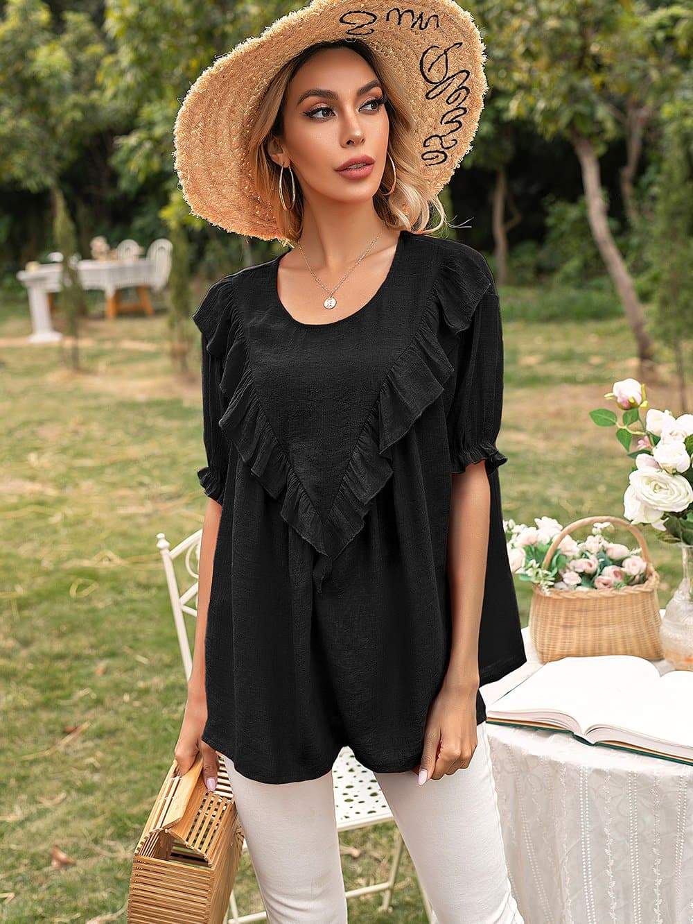 Anna-Kaci Ruffle V-Drop Tunic Blouse Round Neck Half Sleeves Top for Women