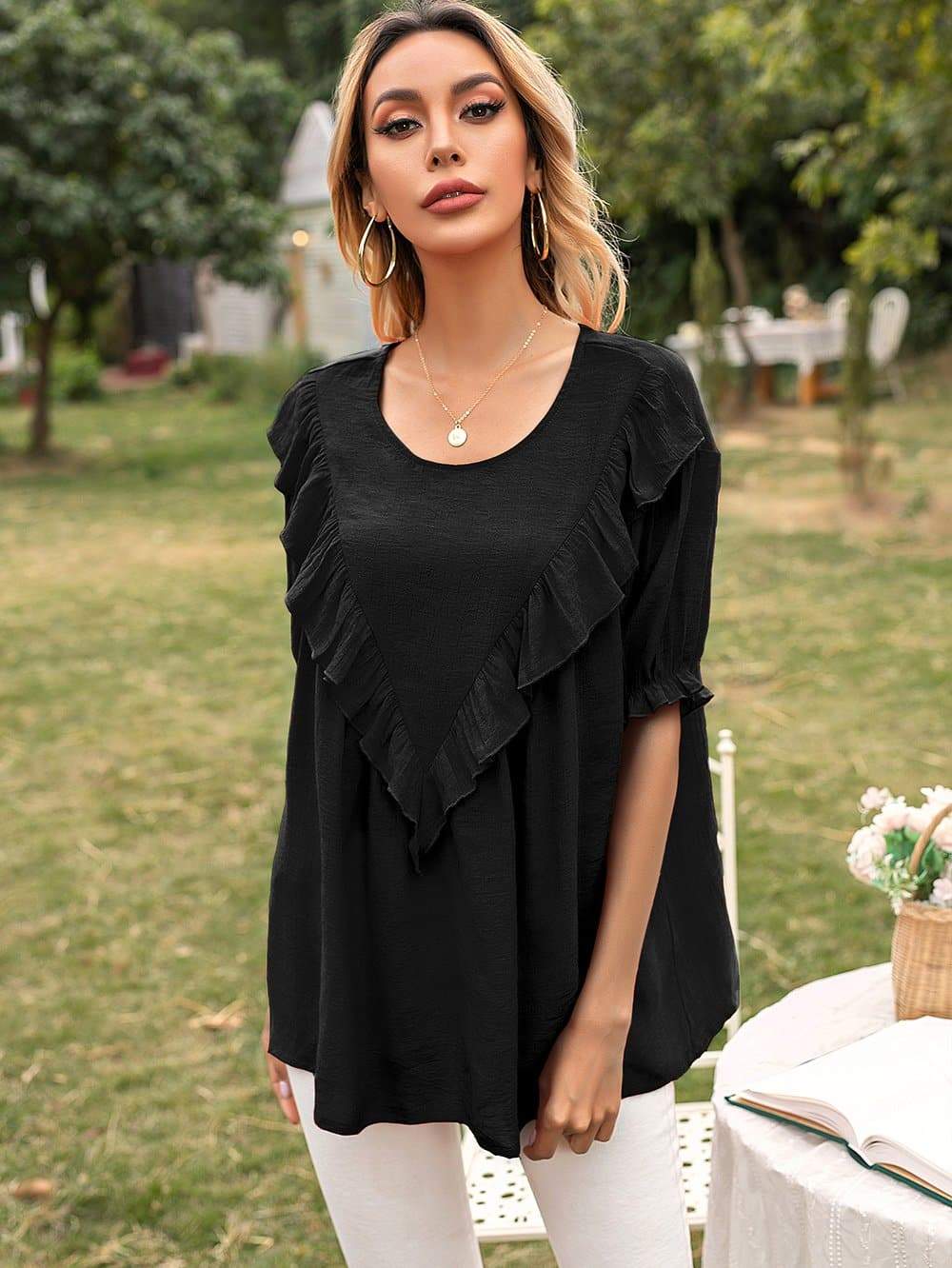 Anna-Kaci Ruffle V-Drop Tunic Blouse Round Neck Half Sleeves Top for Women Small 0-4 / Black