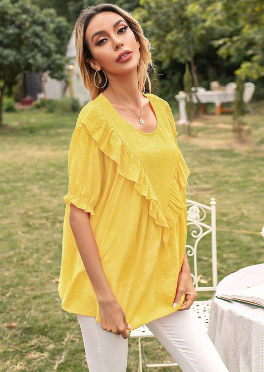 Anna-Kaci Ruffle V-Drop Tunic Blouse Round Neck Half Sleeves Top for Women Small 0-4 / Yellow Daisy