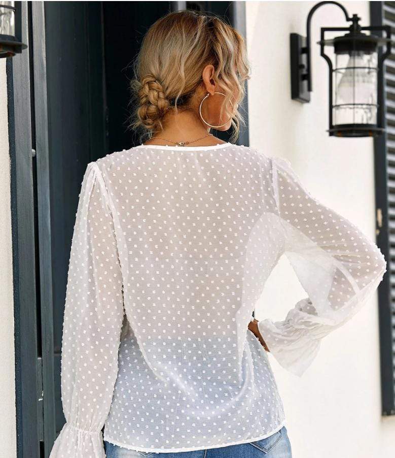 Anna-Kaci Ruffled V Neck Bishop Sleeve Polka Dot Pattern Top for Women