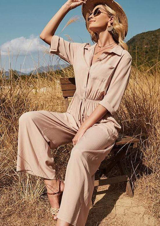 Anna-Kaci Safari Pocket Button Tied Waist Tan Jumpsuit for Women