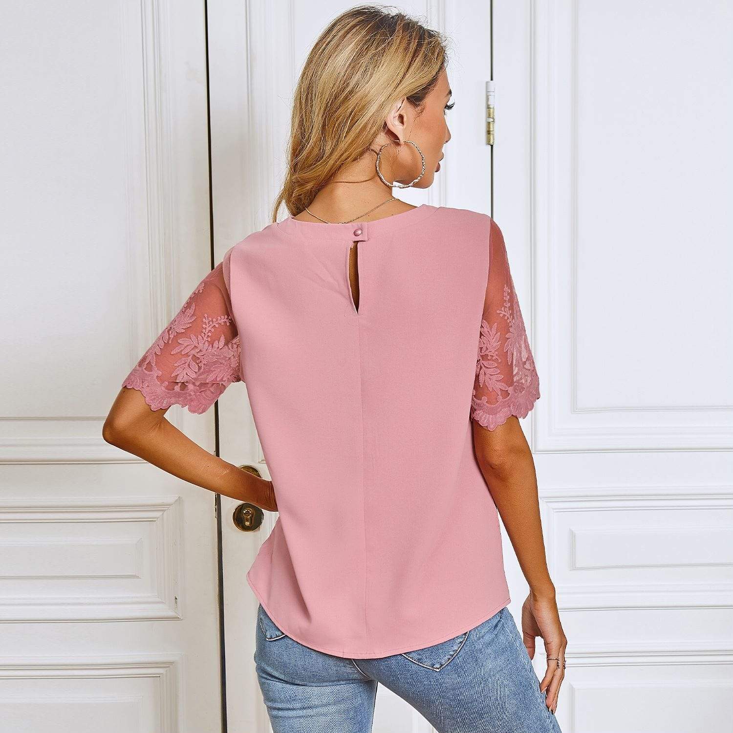 Anna-Kaci Sheer Floral Lace Short Sleeve Blounce with Round Neck For Women