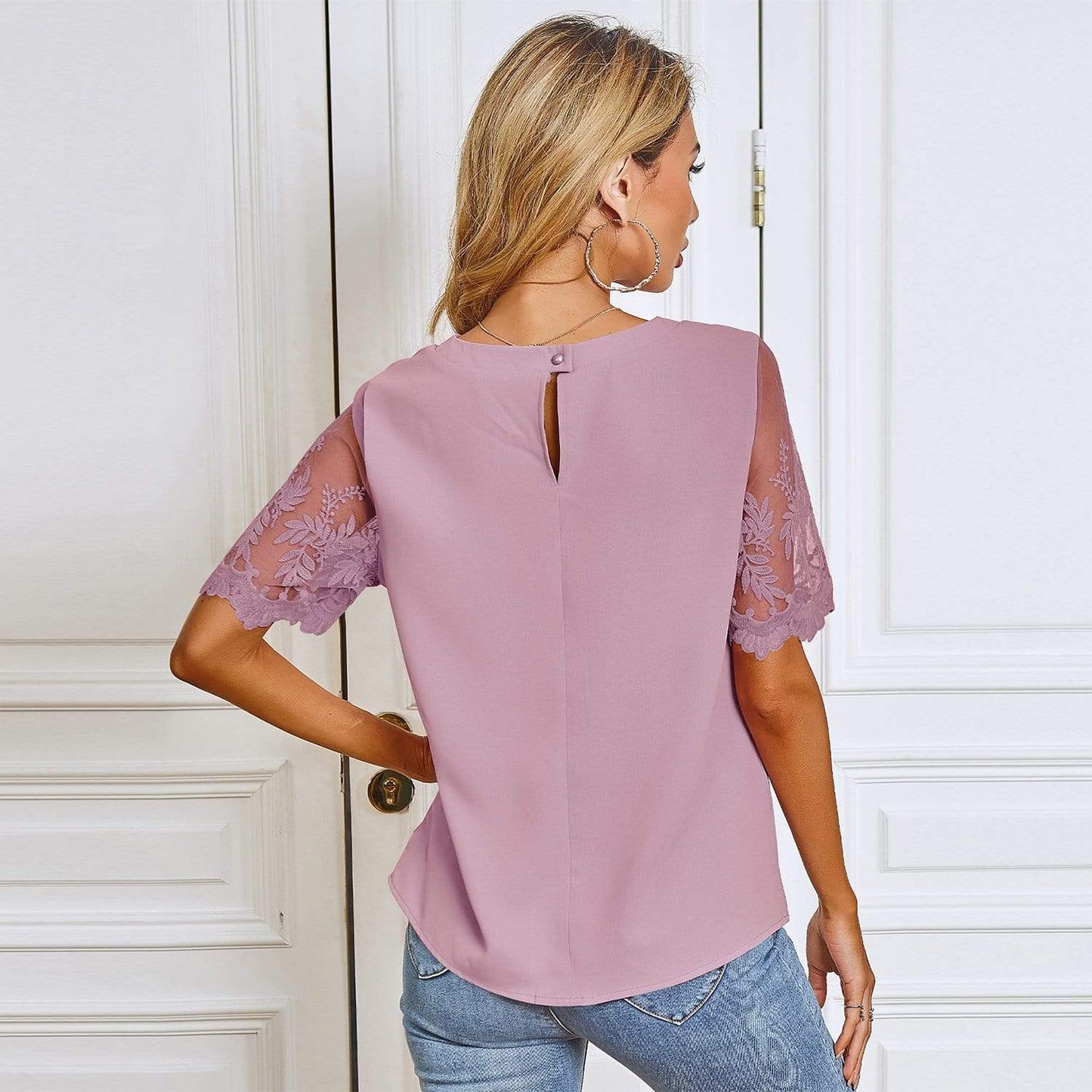 Anna-Kaci Sheer Floral Lace Short Sleeve Blounce with Round Neck For Women