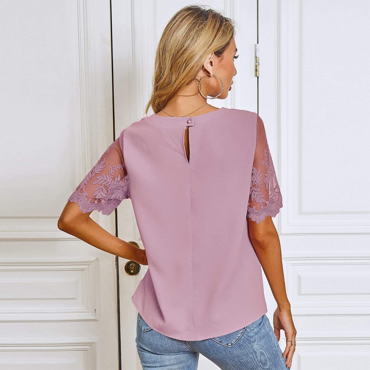 Anna-Kaci Sheer Floral Lace Short Sleeve Blounce with Round Neck For Women