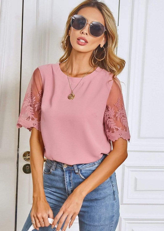 Anna-Kaci Sheer Floral Lace Short Sleeve Blounce with Round Neck For Women Large 8-10 / Pink