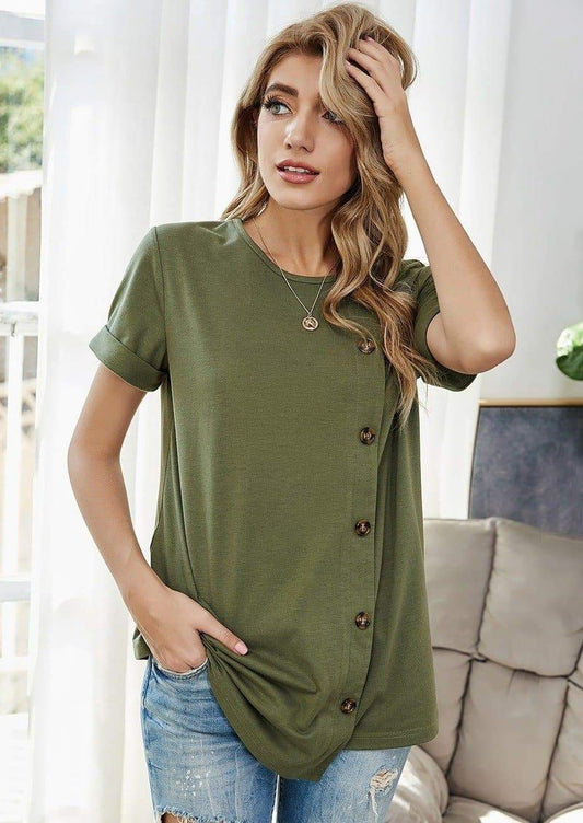 Anna-Kaci Side Button Spring Green T-Shirt Tee for Women