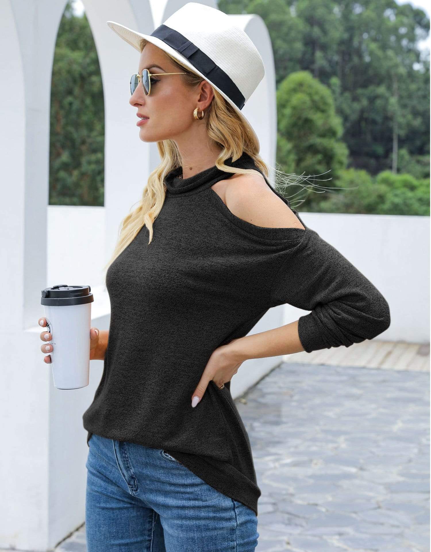 Anna-Kaci Single Cold Shoulder Long Sleeve Top High Neck for Women