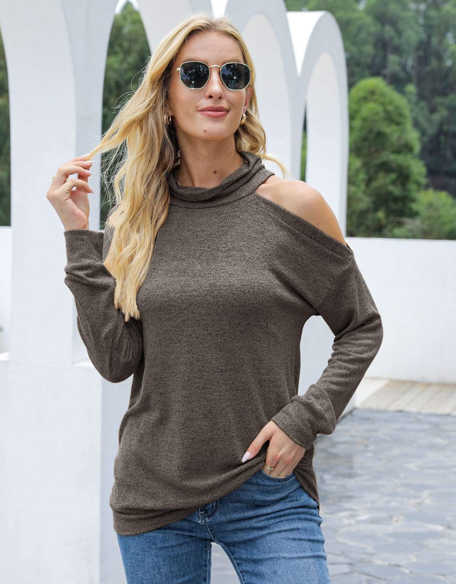 Anna-Kaci Single Cold Shoulder Long Sleeve Top High Neck for Women