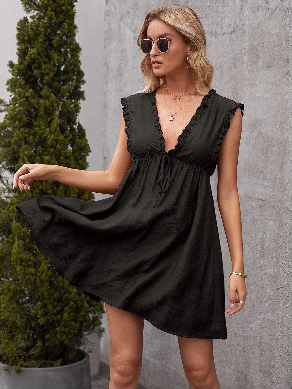 Anna-Kaci Sleeveless Ruffle Trim Deep V Line Tunic Dress Thigh Length Tied Front