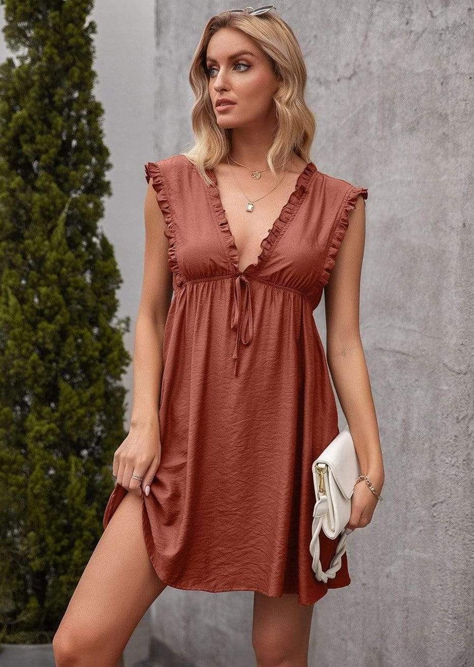 Anna-Kaci Sleeveless Ruffle Trim Deep V Line Tunic Dress Thigh Length Tied Front