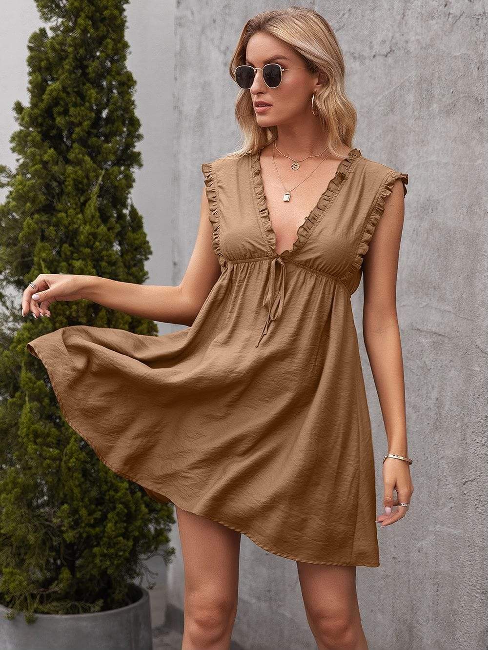 Anna-Kaci Sleeveless Ruffle Trim Deep V Line Tunic Dress Thigh Length Tied Front