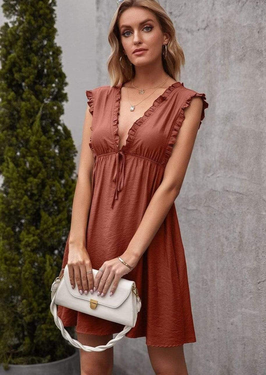 Anna-Kaci Sleeveless Ruffle Trim Deep V Line Tunic Dress Thigh Length Tied Front Small 0-4 / Rustic Red