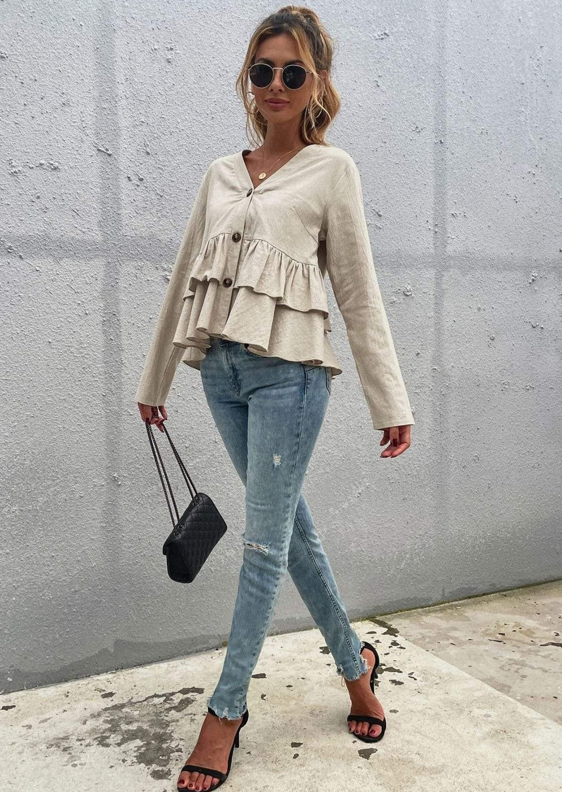 Button Down Detail Long Sleeve Tiered Ruffle Blouse for Women ...