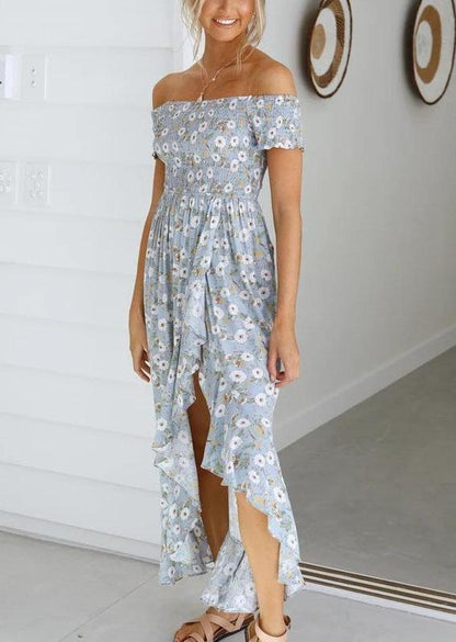 Anna-Kaci Smocked Daisy Print Off Shoulder Slit Leg Maxi Dress for Women Large 8-10 / Blue