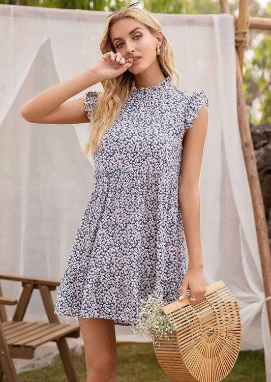 Anna-Kaci Smocked Halter Neck Floral Print Ruffle Short Sleeve Thigh Length Dress Small 0-4 / Blue