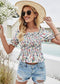 Anna-Kaci Smocked Puffed Ruffle Sleeve Ruffle Daisy Floral Blouse Top for Women Large 8-10 / Pink